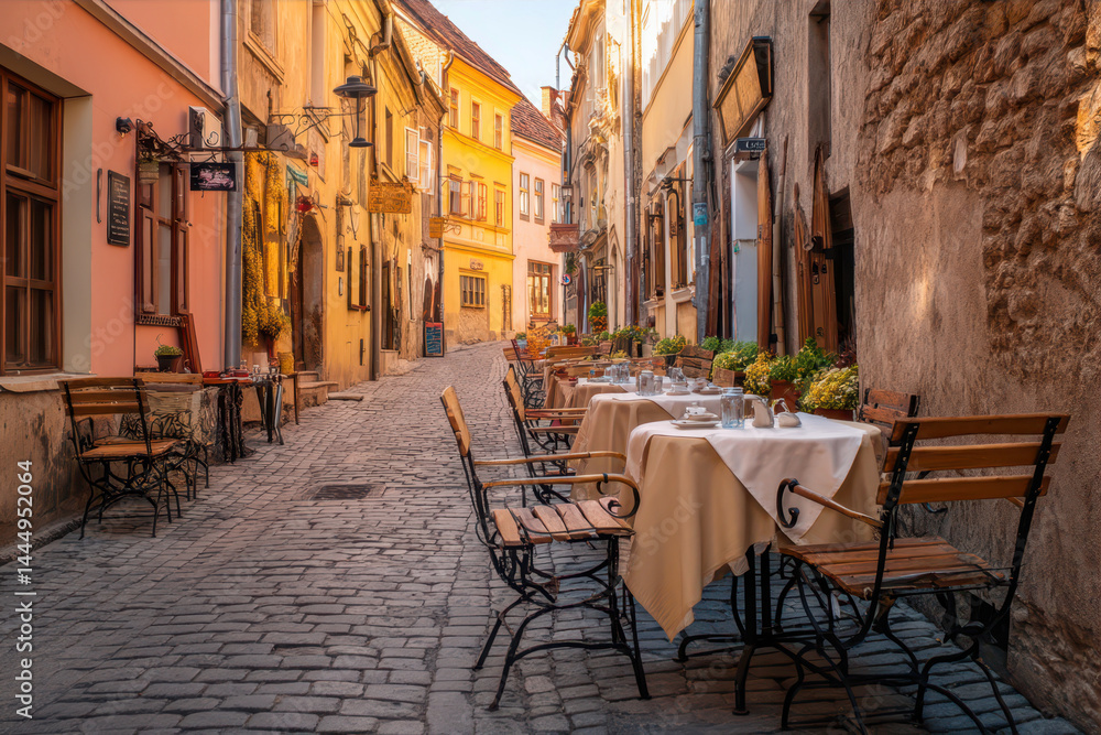 Obraz premium Charming Outdoor Cafe Nestled on a Quaint Cobblestone Street Bathed in Golden Afternoon Sunlight Generative AI