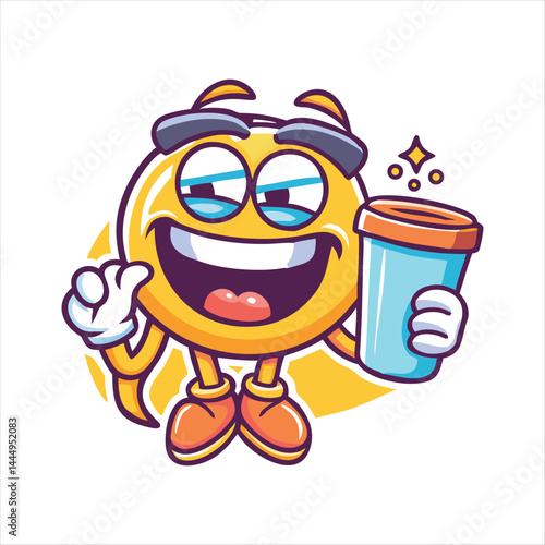 Vector logo design template and graphic elements for advertising, branding, posters and banners, funny cartoon illustrations with smiling character, coffee cup mascot, print and sticker