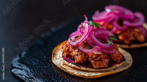 Natural angle of Belizean pibil pork taco corn tortillas topped pickled onions displayed over black textured surface traditional Yucatec Maya fusion street food cut out isolated transparent background