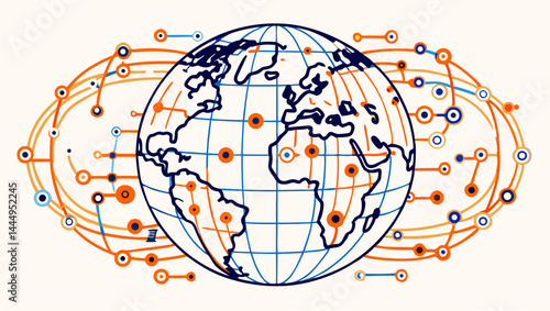 Illustration of a globe with a blue grid and orange dots connected by lines in a network design