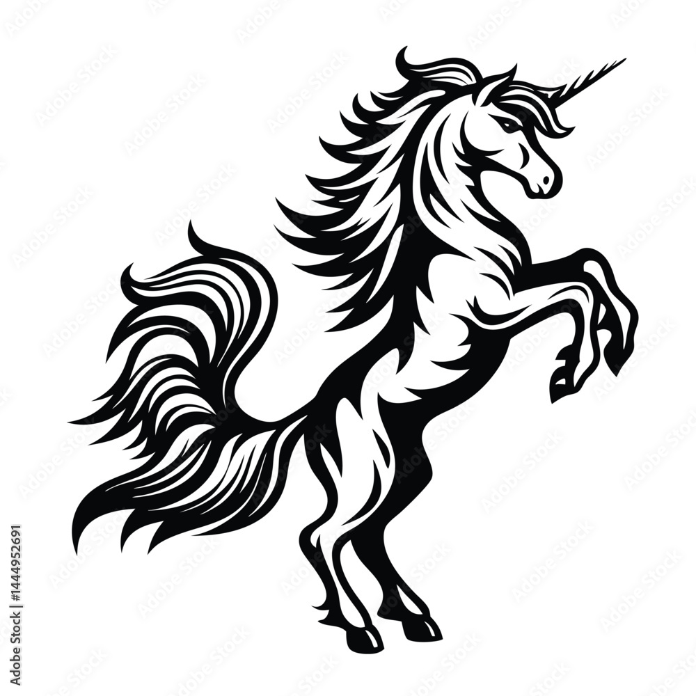 Silhouette of Unicorn Prancing With Majestic Mane and Horn in Black and White Theme Silhouette of Unicorn Prancing With Majestic Mane and Horn in Black and White Theme