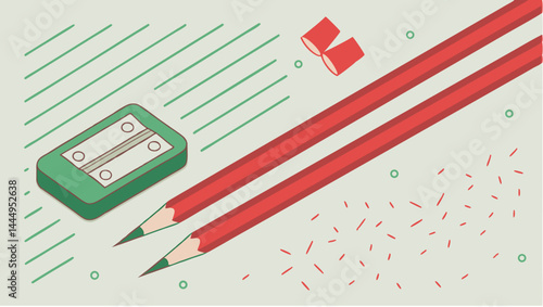 Illustration of two red pencils with a green sharpener and shavings on a light background art work