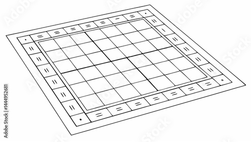 A simple black and white illustration of a board game with a unique border design element seen