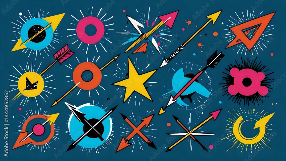 Fototapeta premium Vector arrows and graphic symbols in bold colorful abstract flat style on blue background