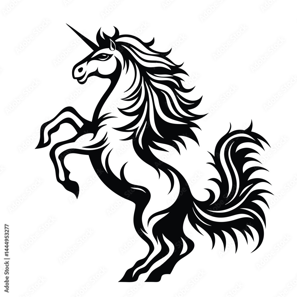Fototapeta premium Majestic Unicorn Stallion Rearing Black Silhouette, Mythical Creature Design, Fairy Tale Art