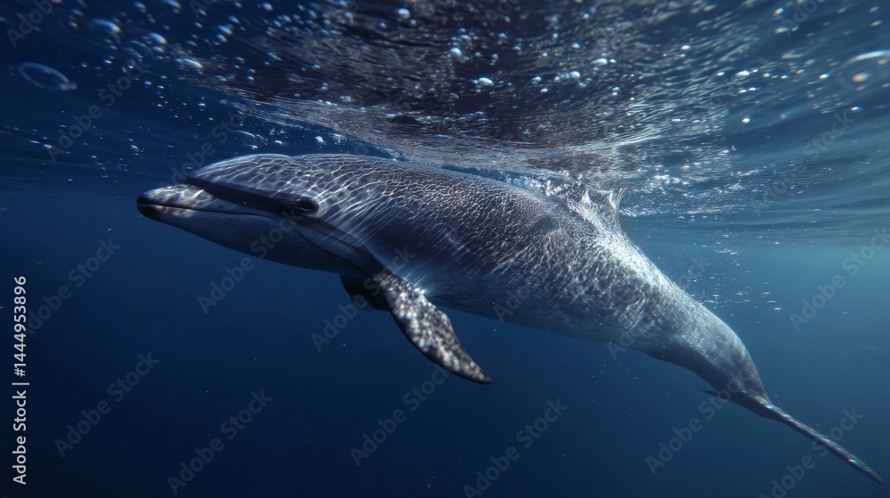 Obraz premium Dolphin Emerging from the Deep: Underwater View