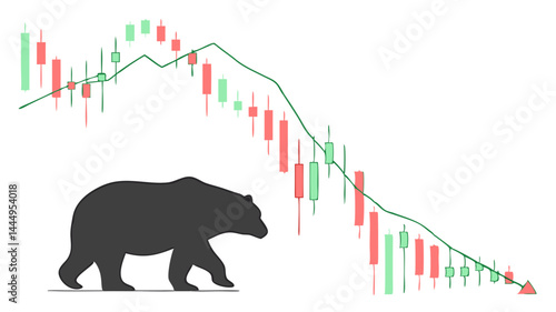 Bear market illustration showing a stock chart trending downwards with a bear silhouette present below