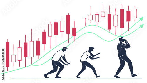 Evolution of a trader with stock market growth represented by candlesticks and upward trend lines