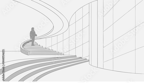 Silhouette figure ascending a winding staircase adjacent to a paneled wall in a minimalist style drawing