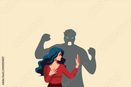 Illustration of a sad woman raising her hand in a stop gesture, standing in front of a threatening male shadow with clenched fists. Woman stopping a threatening male shadow. 