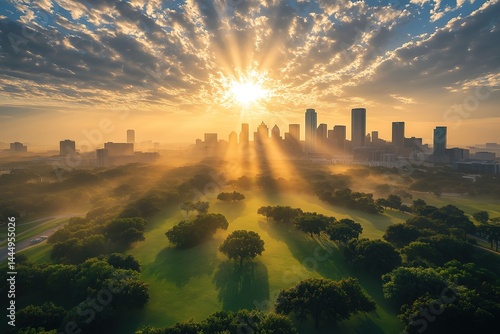Sunrise Glow Over Houston Skyline, Texas, USA, Silhouetted Buildings, Mist, Sunshine Rays