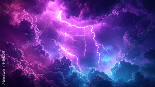 Purple and blue lightning storm cloudscape; dramatic weather background