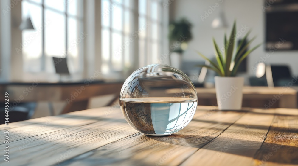 Clear sphere on wooden table in modern office Clear sphere on wooden table in modern office