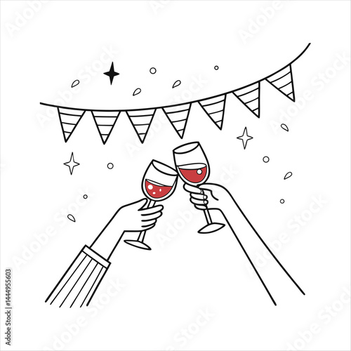Vector simple minimal linear style illustration with cartoon hands holding wine glasses, celebration and party vibe, invitation design element, banner, template