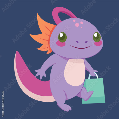 Explore the charm of this cartoon character featuring a cute axolotl carrying a shopping bag. Ideal for whimsical designs, children's illustrations, or adding a touch of shopping fun to any project. T