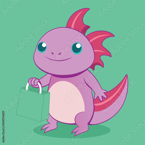 Explore the charm of this cartoon character featuring a cute axolotl carrying a shopping bag. Ideal for whimsical designs, children's illustrations, or adding a touch of shopping fun to any project. T