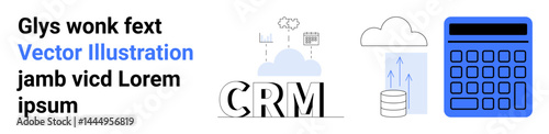 CRM text with cloud storage, database icons, and blue calculator highlighting data flow and analytics. Ideal for technology, database management, cloud computing, CRM systems, analytics, business
