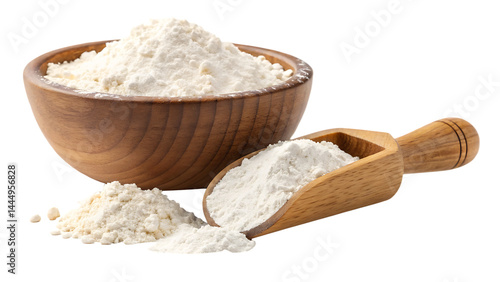 Wooden bowl and scoop of flour isolated on a white background png