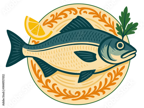 Grilled cod. Grilled fish vector illustration.