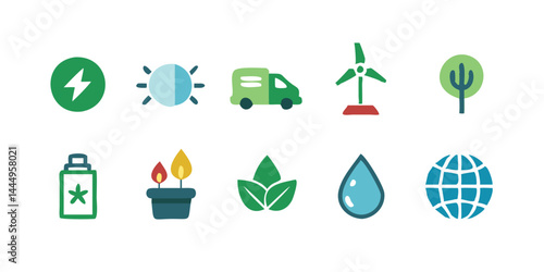 Environmental icons collection with green energy elements like recycling, plant leaves, wind turbine, water conservation, sustainable living and renewable energy flat illustrations.


