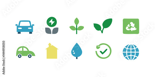 Environmental icons collection with green energy elements like recycling, plant leaves, wind turbine, water conservation, sustainable living and renewable energy flat illustrations.

