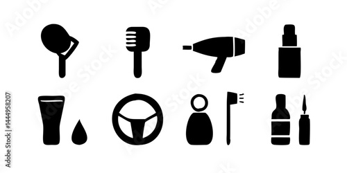 Beauty and personal care icon set including makeup brush, lipstick, skincare tube, perfume bottle, hairdryer, nail polish and grooming tools for salon and cosmetic branding illustrations.