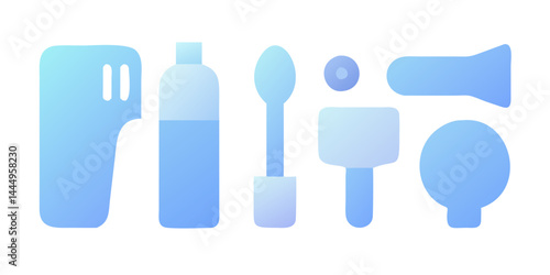 Beauty and personal care icon set including makeup brush, lipstick, skincare tube, perfume bottle, hairdryer, nail polish and grooming tools for salon and cosmetic branding illustrations.