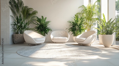 Modern, bright, minimalist waiting area with comfortable seating and lush greenery