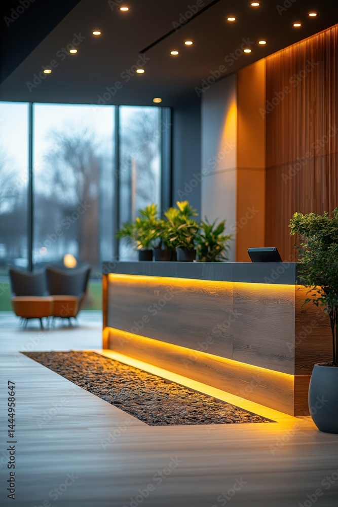Modern hotel lobby interior with illuminated reception desk and cozy lounge seating