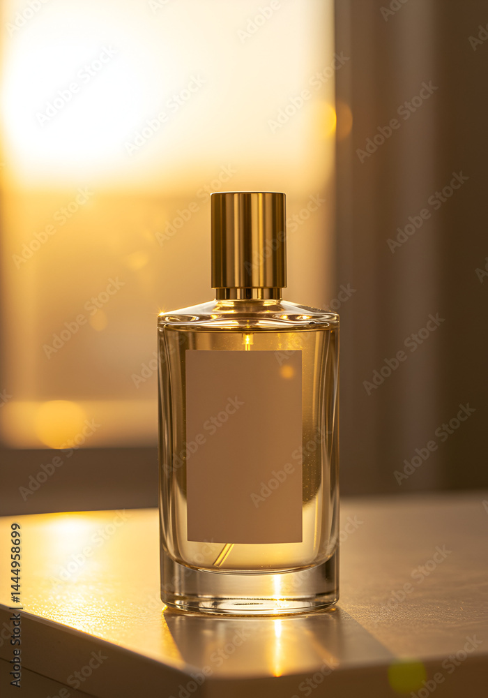 Gold perfume bottle at sunset Gold perfume bottle at sunset