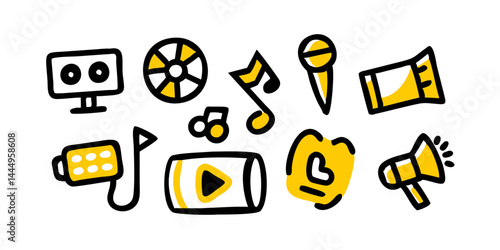 マルチメディア、放送、オーディオ録音、映画、デジタル コンテンツ プラットフォーム用のフラット スタイルのベクター シンボルのセット。
