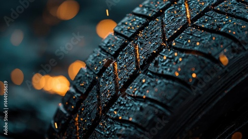 Fototapeta Naklejka Na Ścianę i Meble -  Close-up of a tire tread. the tire appears to be old and worn, with deep grooves and ridges. the tread is covered in small orange specks, which are likely from the tire treads.
