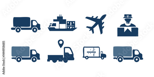 Collection of cargo and transport vector icons including delivery van, freight ship, airplane, and warehouse symbols, designed for shipping, logistics, courier, and supply chain concepts.

