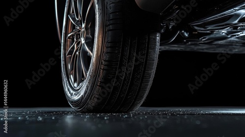 Close-up of a car wheel and tire. the wheel is black with silver spokes and appears to be new and in good condition. the tire is black and has a tread pattern.