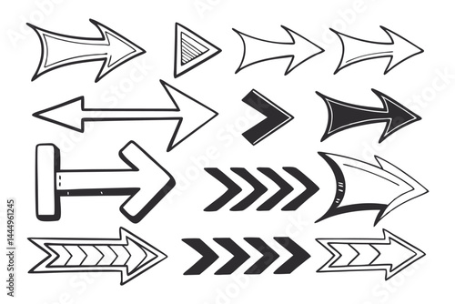 Vector hand drawn arrow icon set Grunge marker line scribbles Handmade curve brush strokes
