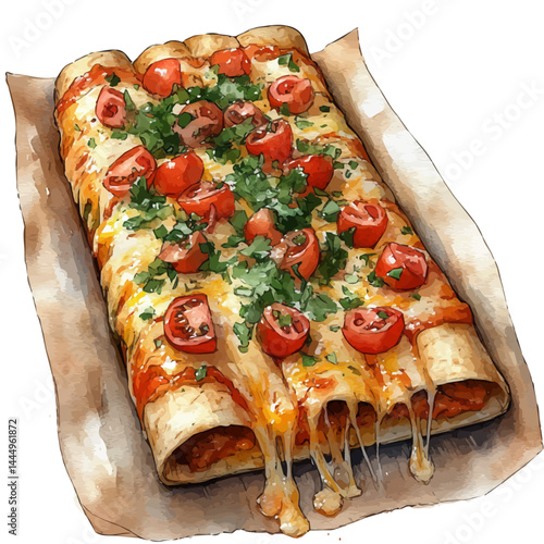 illustration of Chicken Enchilada Covered In Cheese, watercolor vector, isolated on a white background.
