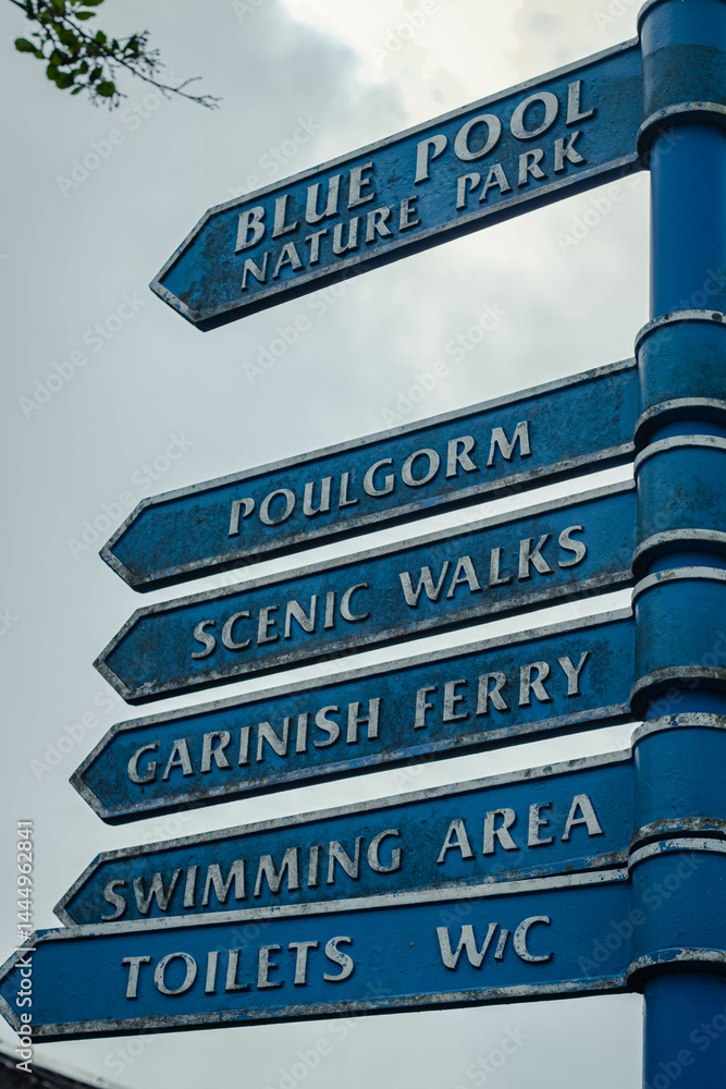 A blue street sign in Glengarriff, West Cork, Ireland, April 12, 2025