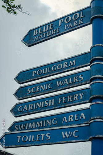 A blue street sign in Glengarriff, West Cork, Ireland, April 12, 2025