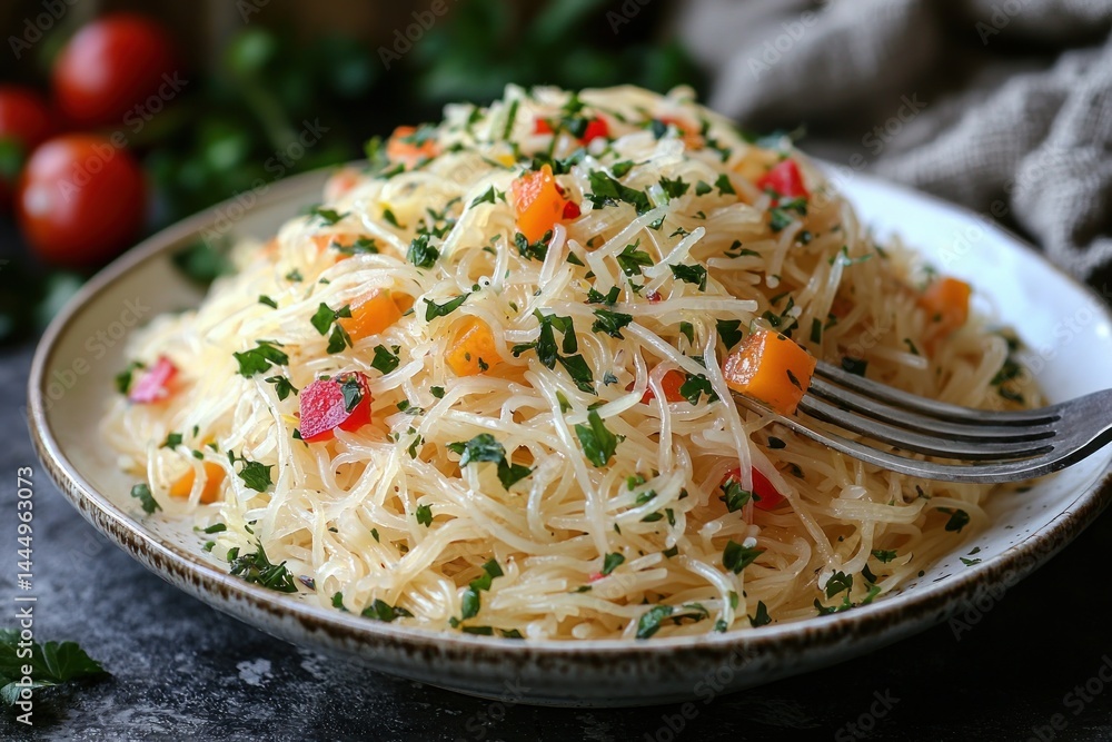 Angel hair pasta dish with roasted red peppers and parsley garnish. Served on a plate Angel hair pasta dish with roasted red peppers and parsley garnish. Served on a plate