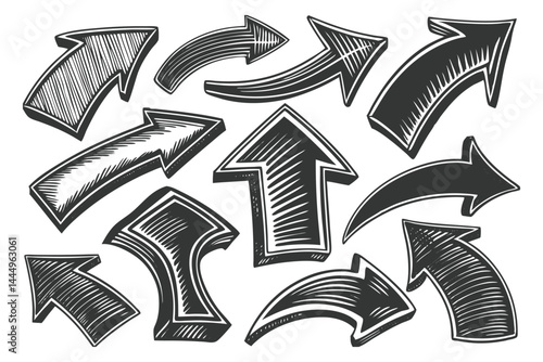Vector hand drawn arrow icon set Grunge marker line scribbles Handmade curve brush strokes