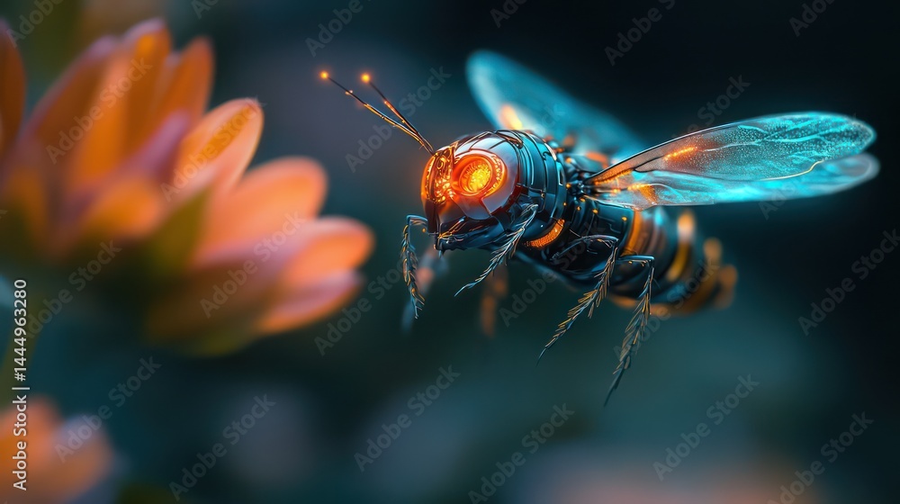 Fototapeta premium Dragonfly hovering near flower blossoms