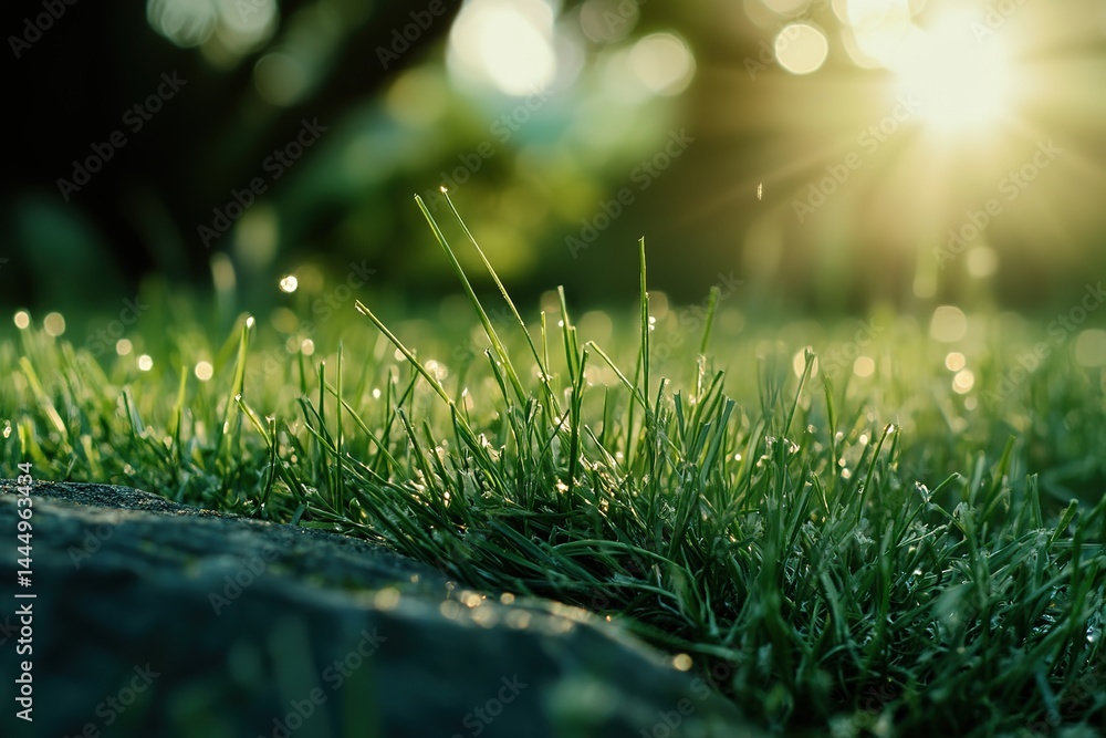 Naklejka premium Fresh Grass Blades With Dewdrops Under Sunrise Soft Light, Summer Nature Background