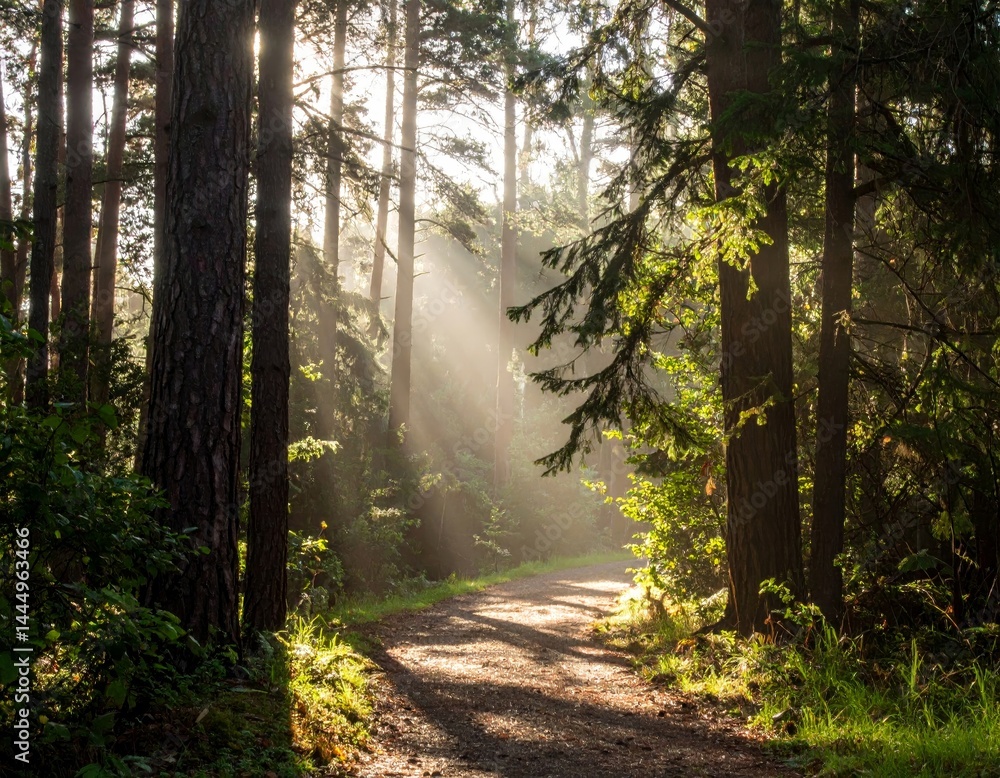 Obraz premium Sunbeams Illuminating Forest Path