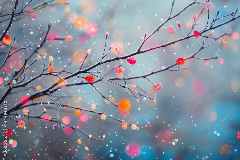 Winter wonderland scene with colorful, frosted branches Winter wonderland scene with colorful, frosted branches