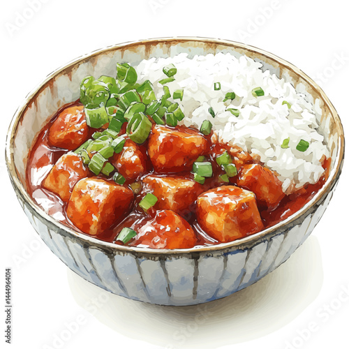 Chicken Curry With Steamed Rice, watercolor vector, isolated on a white background.