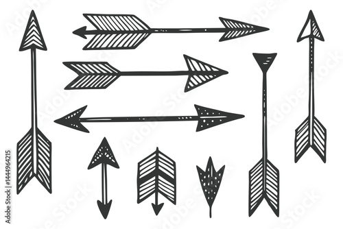 Vector hand drawn arrow icon set Grunge marker line scribbles Handmade curve brush strokes