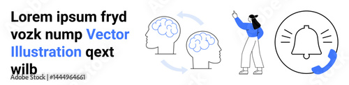Head outlines with arrow cycle, a figure taking notes, and a bell with phone call icon. Ideal for teamwork, productivity, brainstorming, workflow, education, creativity and simple landing page
