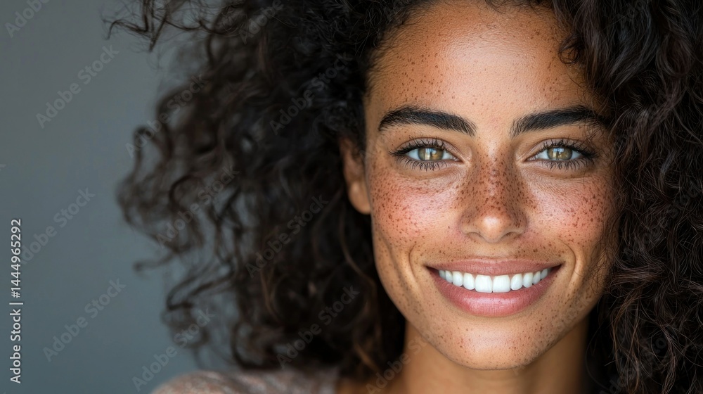 Portrait of a smiling woman with freckles and curly hair Portrait of a smiling woman with freckles and curly hair