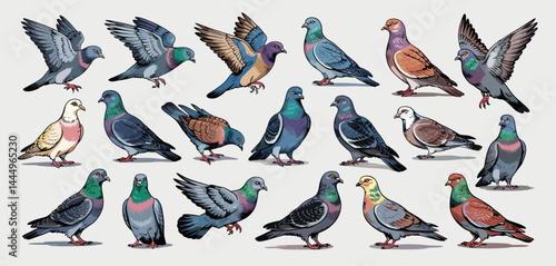 Collection of Colorful Pigeons Various Poses and Colors