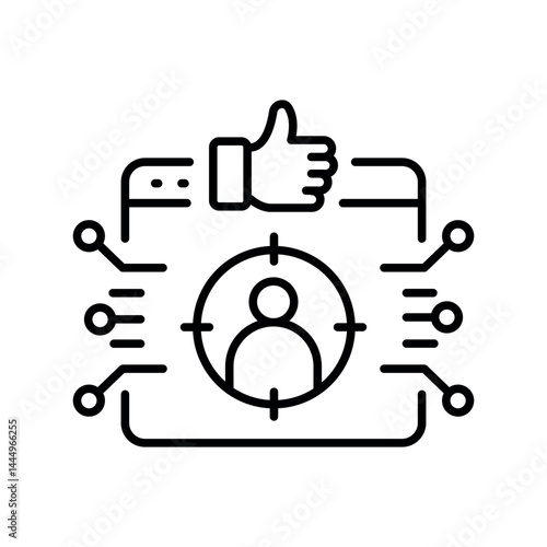 Product recommendation black line icon for digital and print projects.